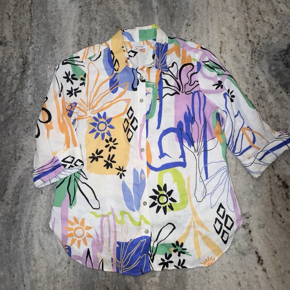 Chicos Size 1 (Small) 100% Linen 3/4 Sleeve Abstract Floral Blouse Button Down